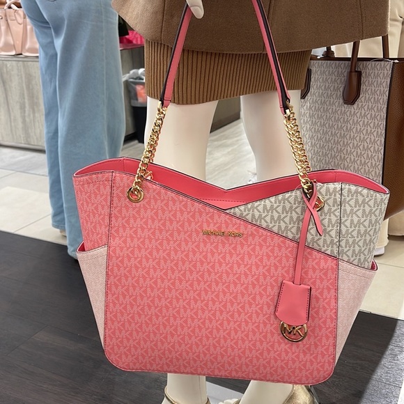 Michael Kors Jet Set Travel Large Chained Tote Shoulder Bag MK Tea Rose  Multi